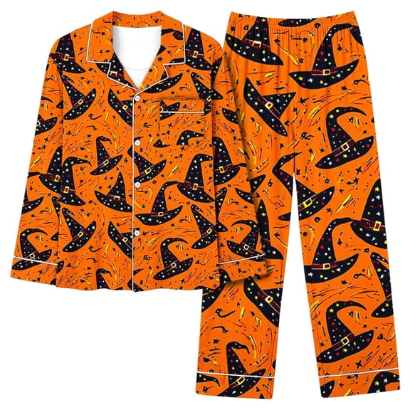 Blmnix Petite Women Pjs Sets Sleepwear Sets Button Up Halloween Pajamas Pjs Sets Collared Wide-Leg Long Sleeve Full Summer Pjs for Women Set,XL