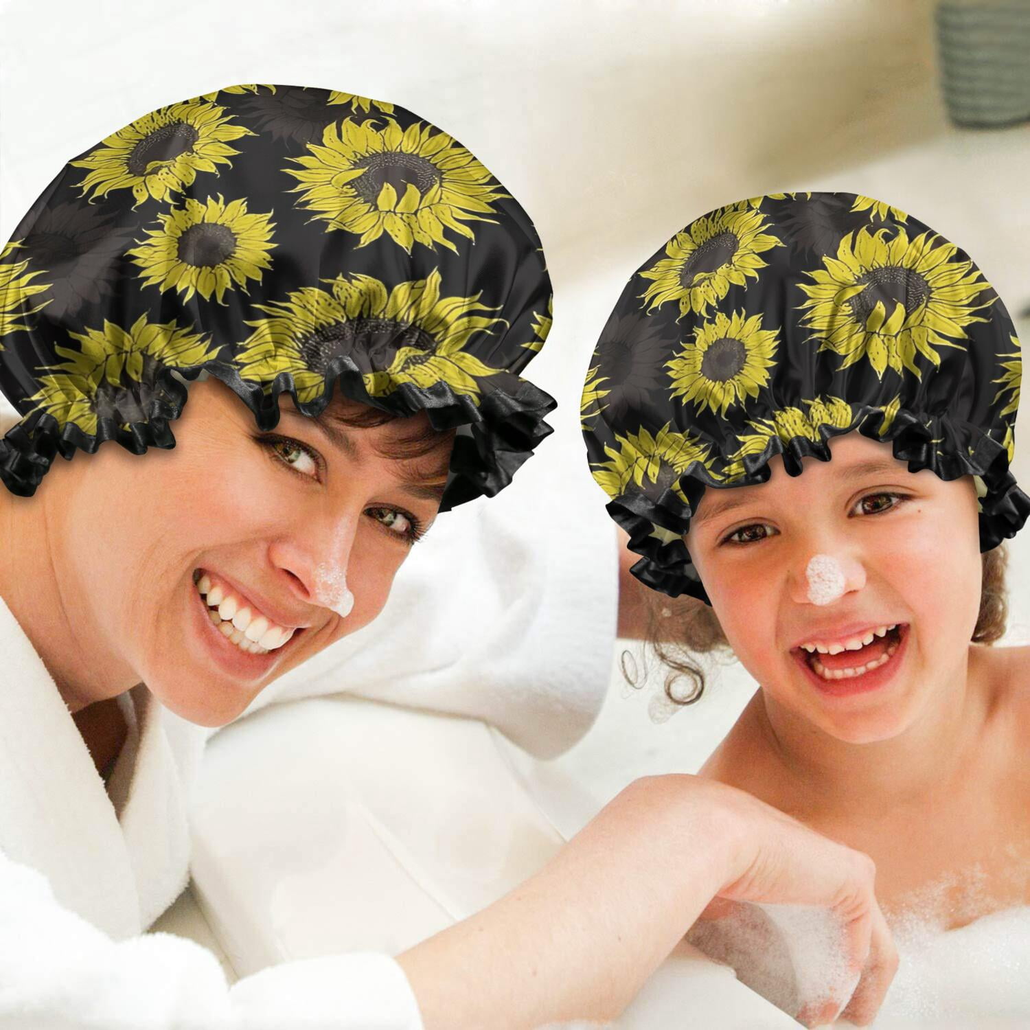 Shower Caps,Black Sunflower Pattern Waterproof Shower Cap for Women 4 Pieces,Double Reusable Hair Cover for Shower PEVA Elastic Stretch Hem