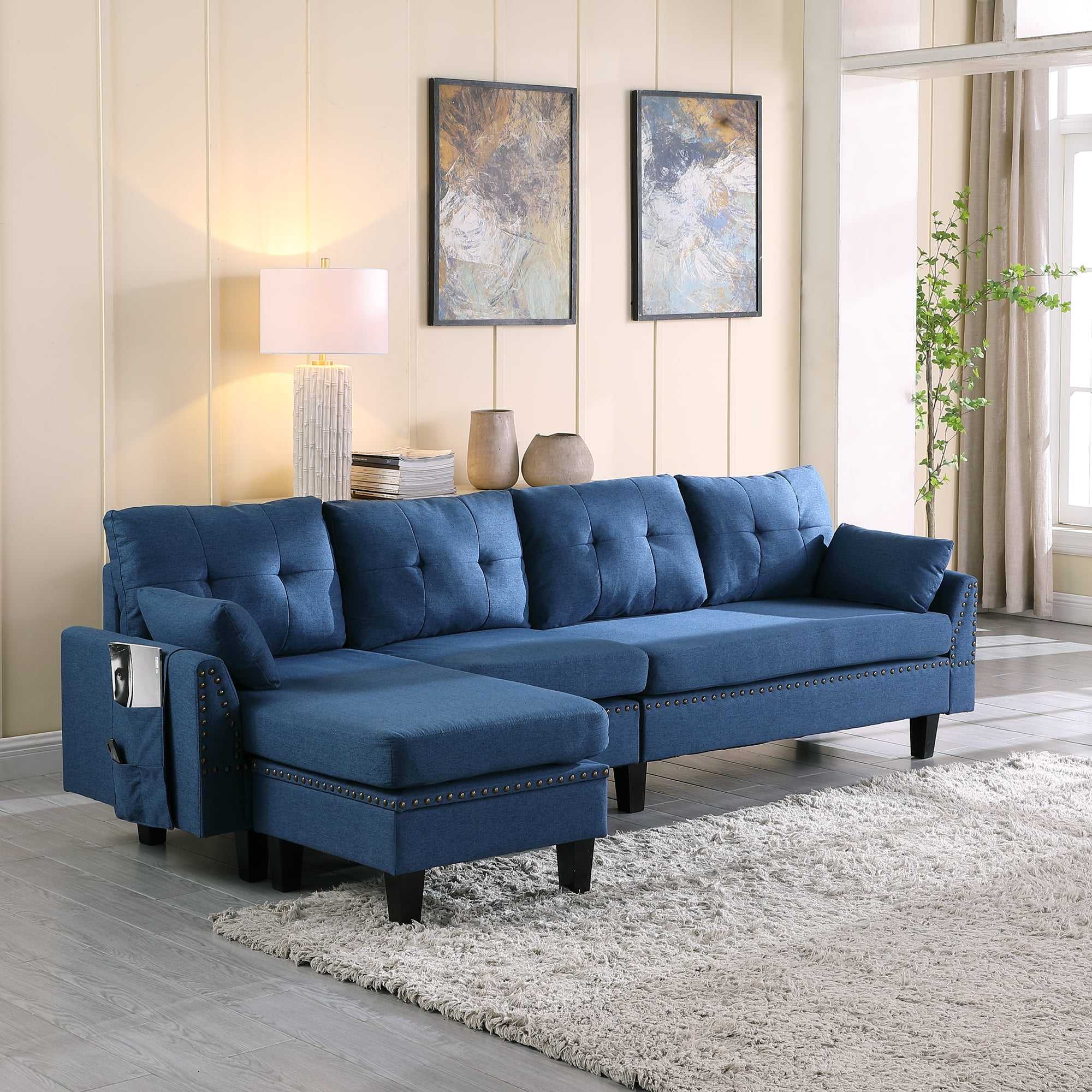 MidCentury 4Seater Sectional Sofa Sets, SEGMART 107" Upholstered Linen Fabric Sofas with 4