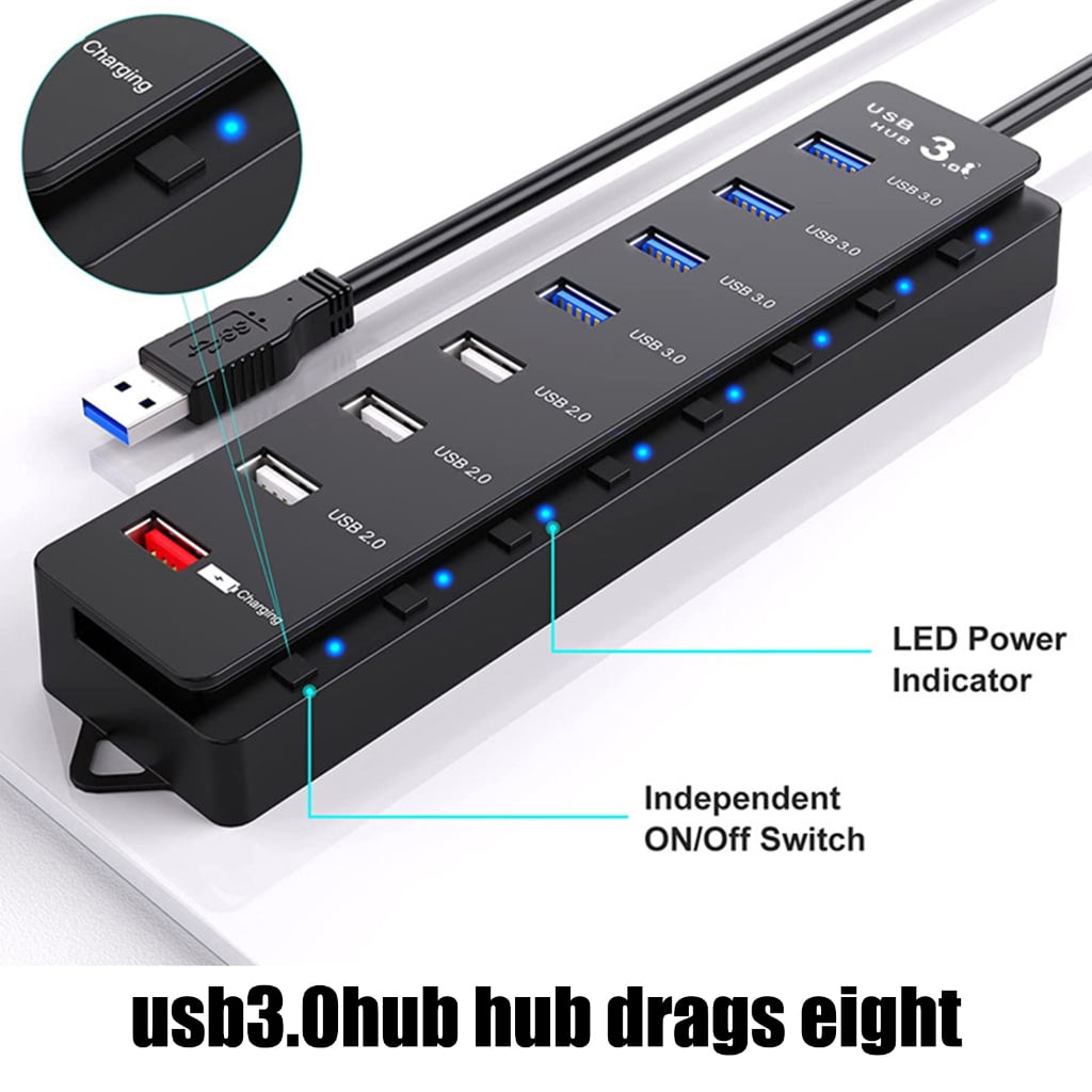 8 Port USB3.0 2.0 Hubs with Individual Switches 4xUSB3.0 3x USB 2.0 1x USB Charging Port USB Hubs Power Adapter