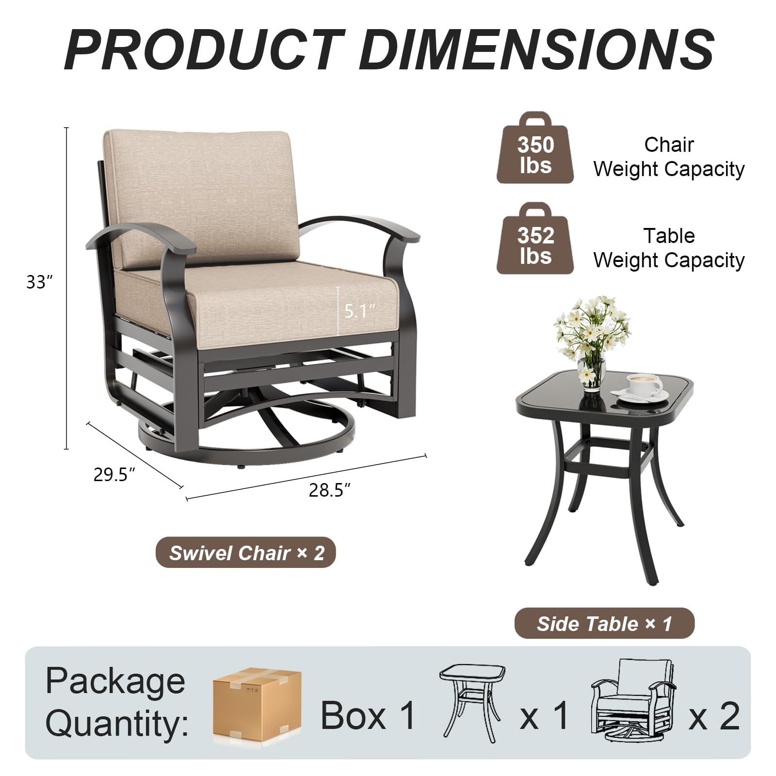 Gotland 3PCS Outdoor Aluminum Swivel Rocking Chairs, 2-Person Patio Furniture Conversation Set with Coffee Table and Cushions, Sand