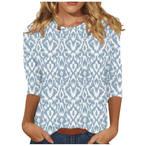 Summer Savings Clearance One Shoulder Tops for Women Women's Fashion Printed T-shirt 3/4 Sleeves Blouse Round Neck Casual Tops