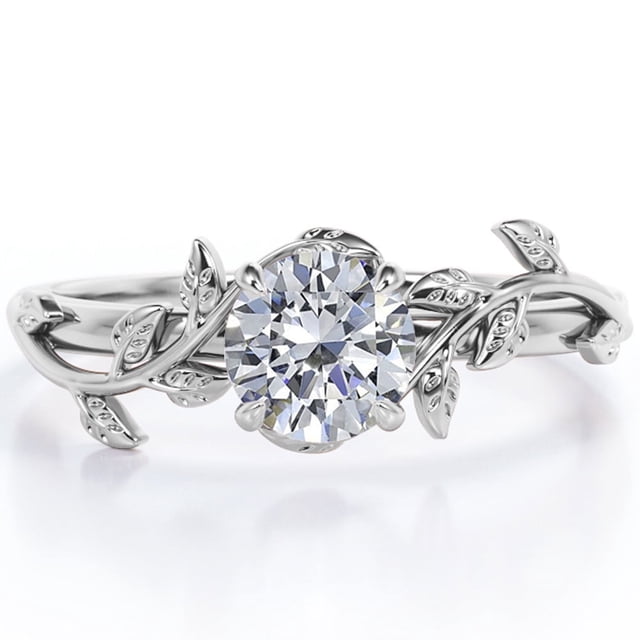 JeenMata Anillo de Compromiso con Solitario Engastado en Garra de Moissanita de Talla Brillante Redonda de 1 Quilate con Diseño Botánico - Chapado en Oro Blanco de 18 K sobre Plata