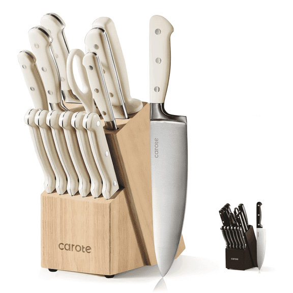 CAROTE 14 Pcs Knife Set with Wooden Block Stainless Steel Knives with Ergonomic Handle, Forged