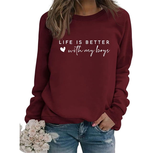 GVABRLN la Vie Est Meilleure avec Mes Garçons Chandail en Molleton Femmes Maman Vie Col Rond Manches Longues T-Shirts Graphiques Maman Maman Pull Tops