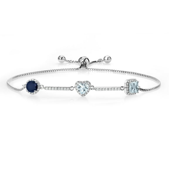Gem Stone King 1.52 Ct Round Blue Sapphire Sky Blue Aquamarine 925 Sterling Silver Bracelet for Women