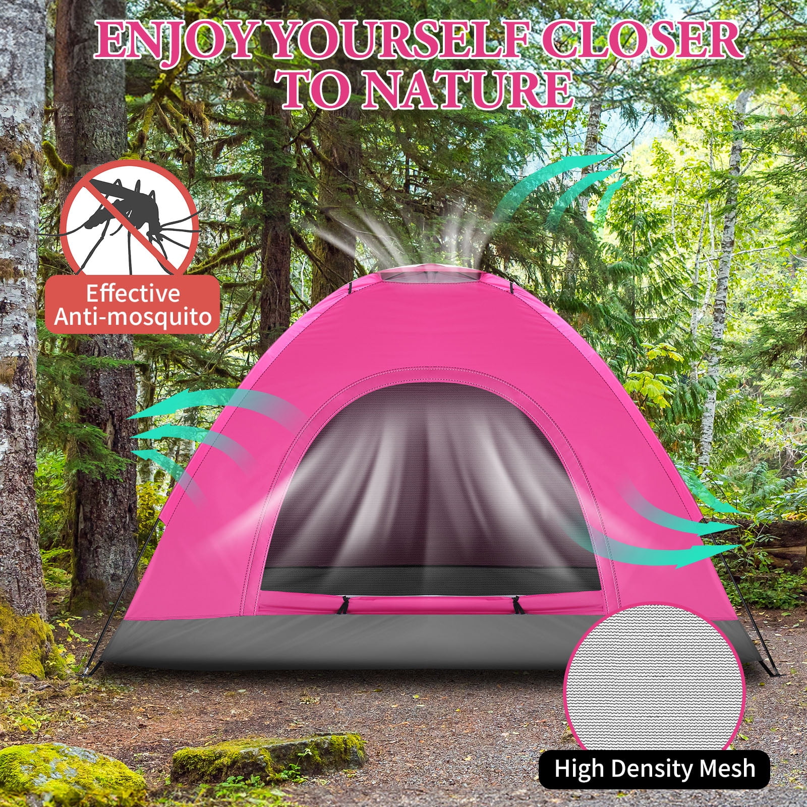 UBesGoo 3-4 Person Outdoor Camping Waterproof Tent Fast Family Dome, Shocking Pink