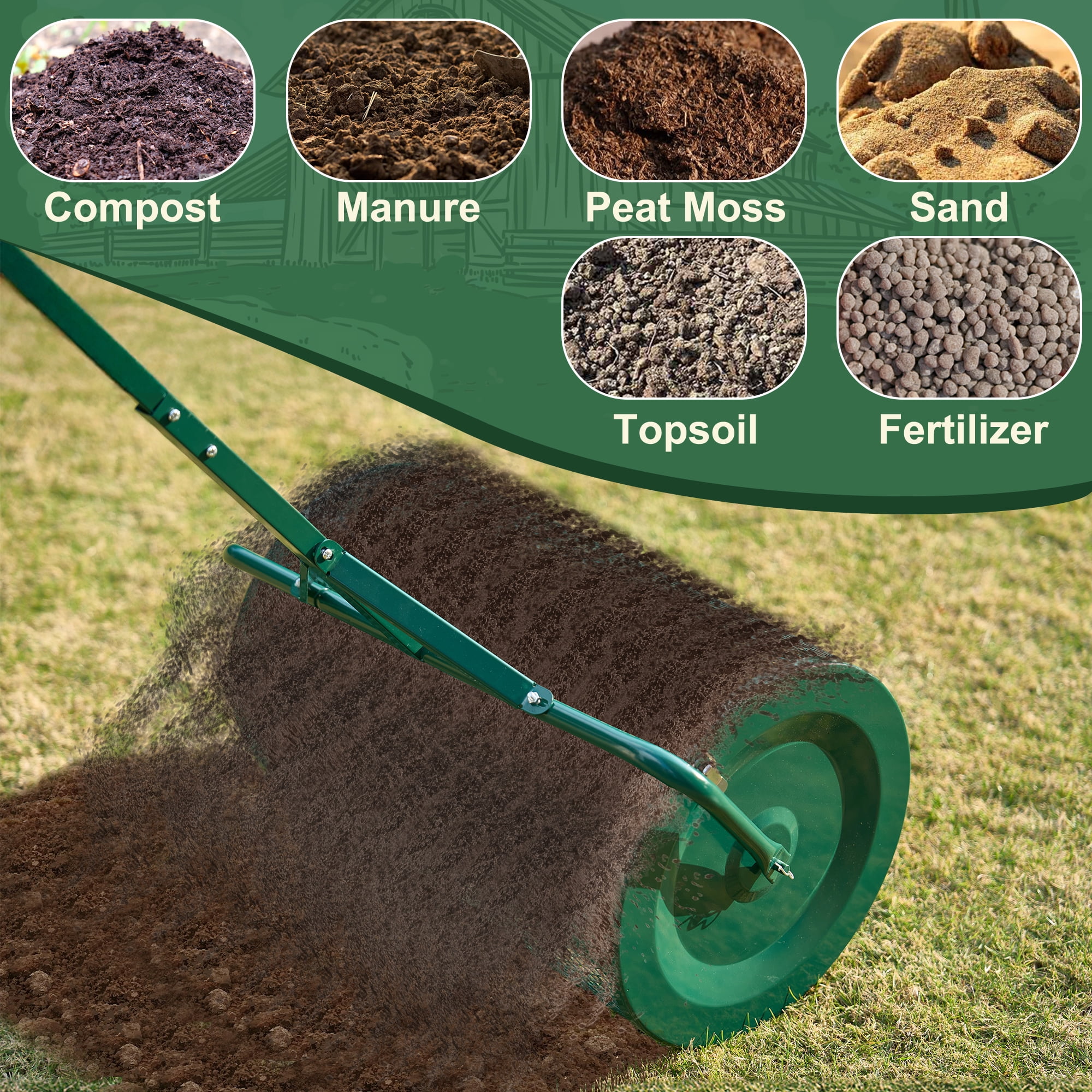 MUCHANT 24" Compost Spreader, Heavy-Duty Metal Mesh Spreader with Adjustable Handle for Lawn, Green