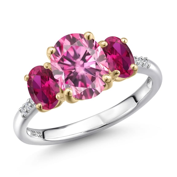 Gem Stone King 925 Silver and 10K Yellow Gold Pink Moissanite and Red Created Ruby and Lab Grown Diamond Engagement Ring for Women | 3.06 Cttw | Oval 9X7MM | Birthstone | Size 5
