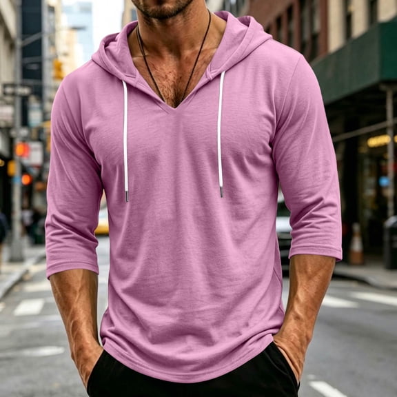 Men's 3/4 Sleeve Hooded Sweatshirt Loose V-Neck Drawstring Hoodie Breathable Daily Workout Beach Shirts Pink M