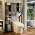 thumbnail image 6 of iSunirm Over The Toilet Storage Cabinet with Doors, 7 Tier Freestanding Bathroom Organizer with Adjustable Shelf & 4 Hooks for Bathroom, Restroom, Laundry, Black Oak, 6 of 7