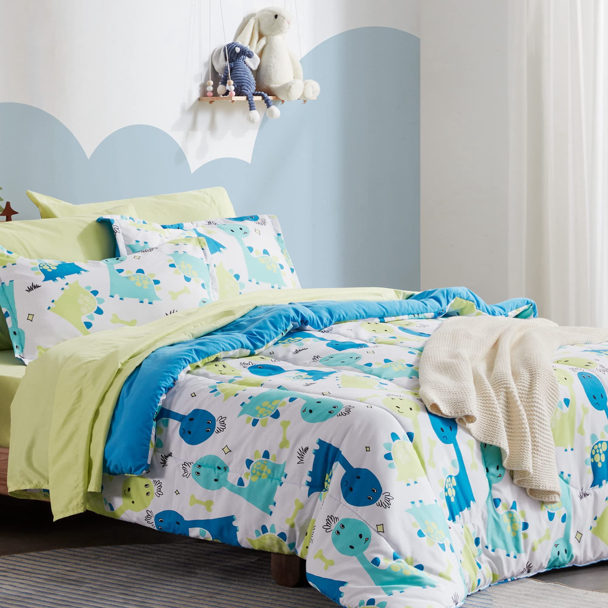 Sleep Zone Kids Bedding Comforter Set Full/Queen Size - Super Soft & Cute Printed 3-Piece Comforter Set All Seasons for Boys, Girls, Fade Resistant, Machine Washable, Cute Dino