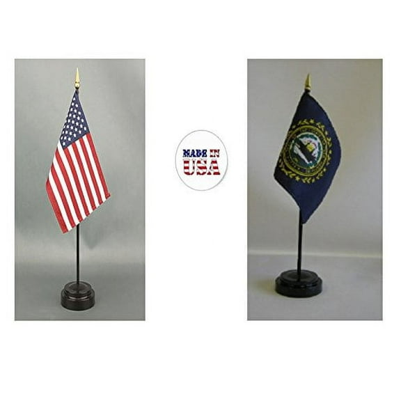 Made in The USA. 1 American and 1 New Hampshire 4"x6" Miniature Desk & Table Flag, Includes 2 Flag Stands & 2 Small Mini Stick Flags