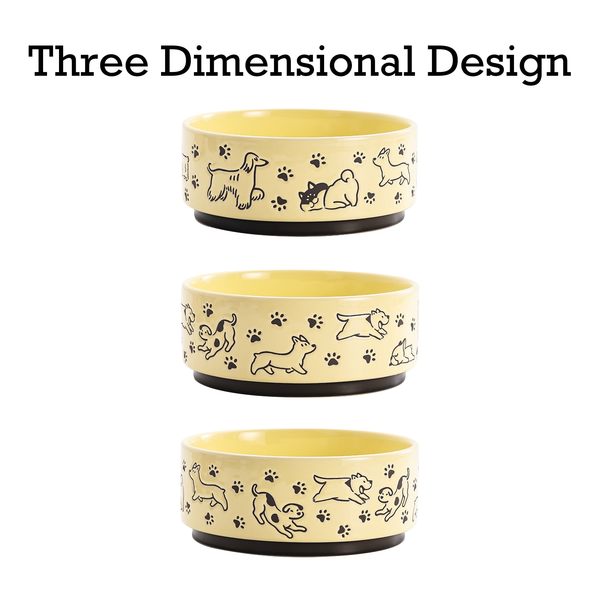 Bico Happy Dogs Yellow Ceramic 76oz Pet Bowl, for Large Size Dog, Puppy, Cat, Kitten, Durable and Dishwasher Safe Stoneware