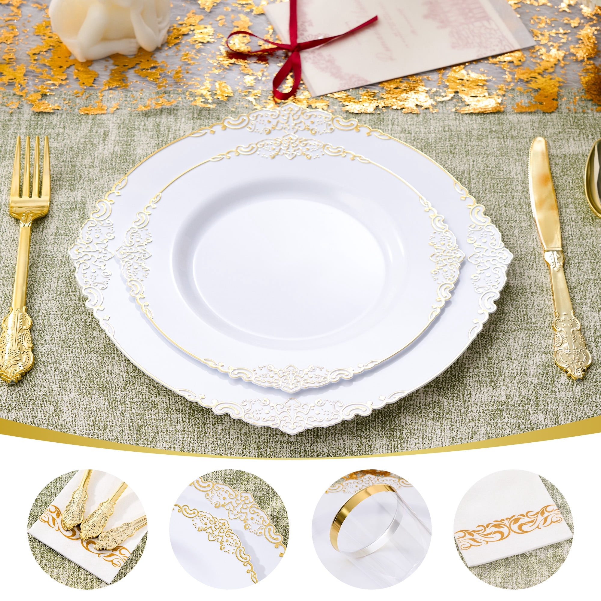 350Pcs Gold Plastic Plates Sets - Dinnerware Sets for 50 Guests,Decorative Plates for Festival Wedding Party