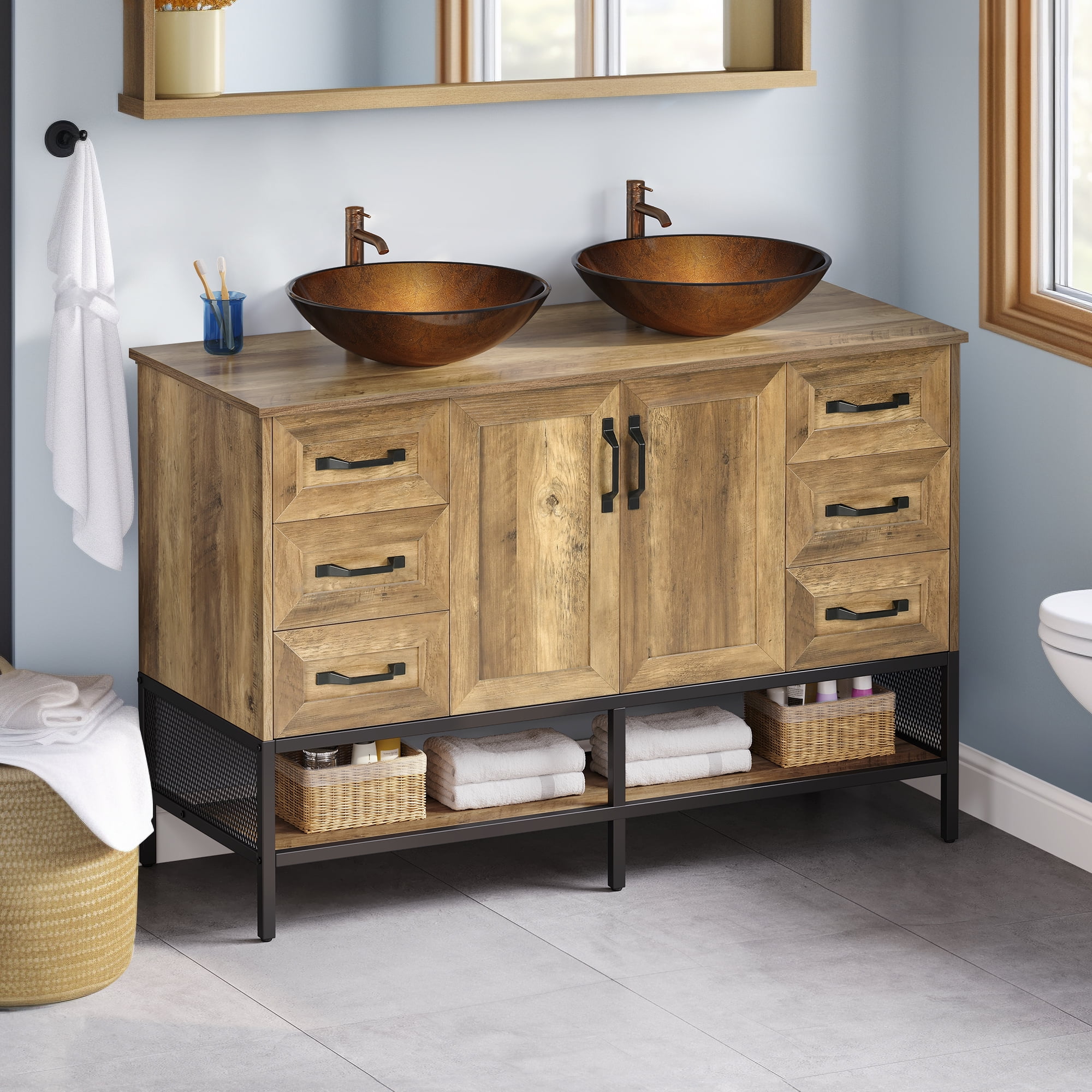 Uforic 47.2 Inch Large Bathroom Vanity with Countertop Sink, Rustic Free Standing Bathroom Storage Cabinet with Drain, Rustic OAK