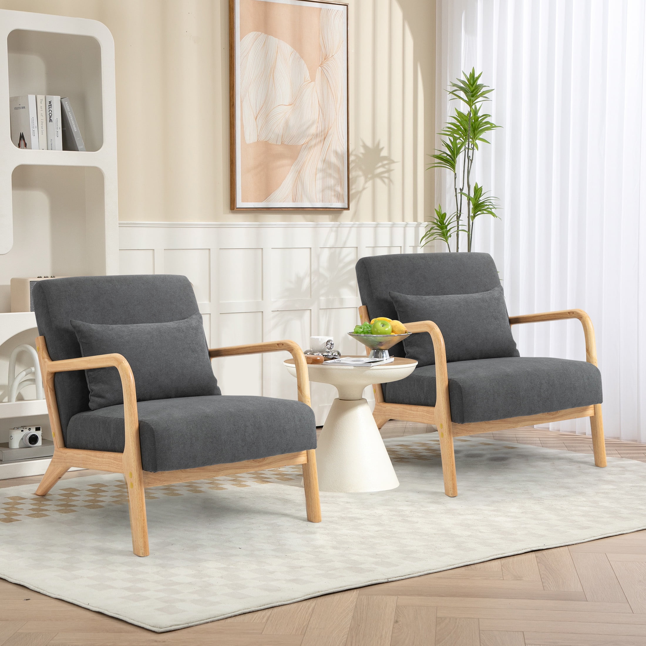 PAPROOS Mid-Century Modern Accent Chair, Velvet Fabric Arm Chair with Wood Frame and Pillow, Upholstered Armchair Comfort Reading Chair Lounge Chair for Living Room Bedroom Sunroom, Gray