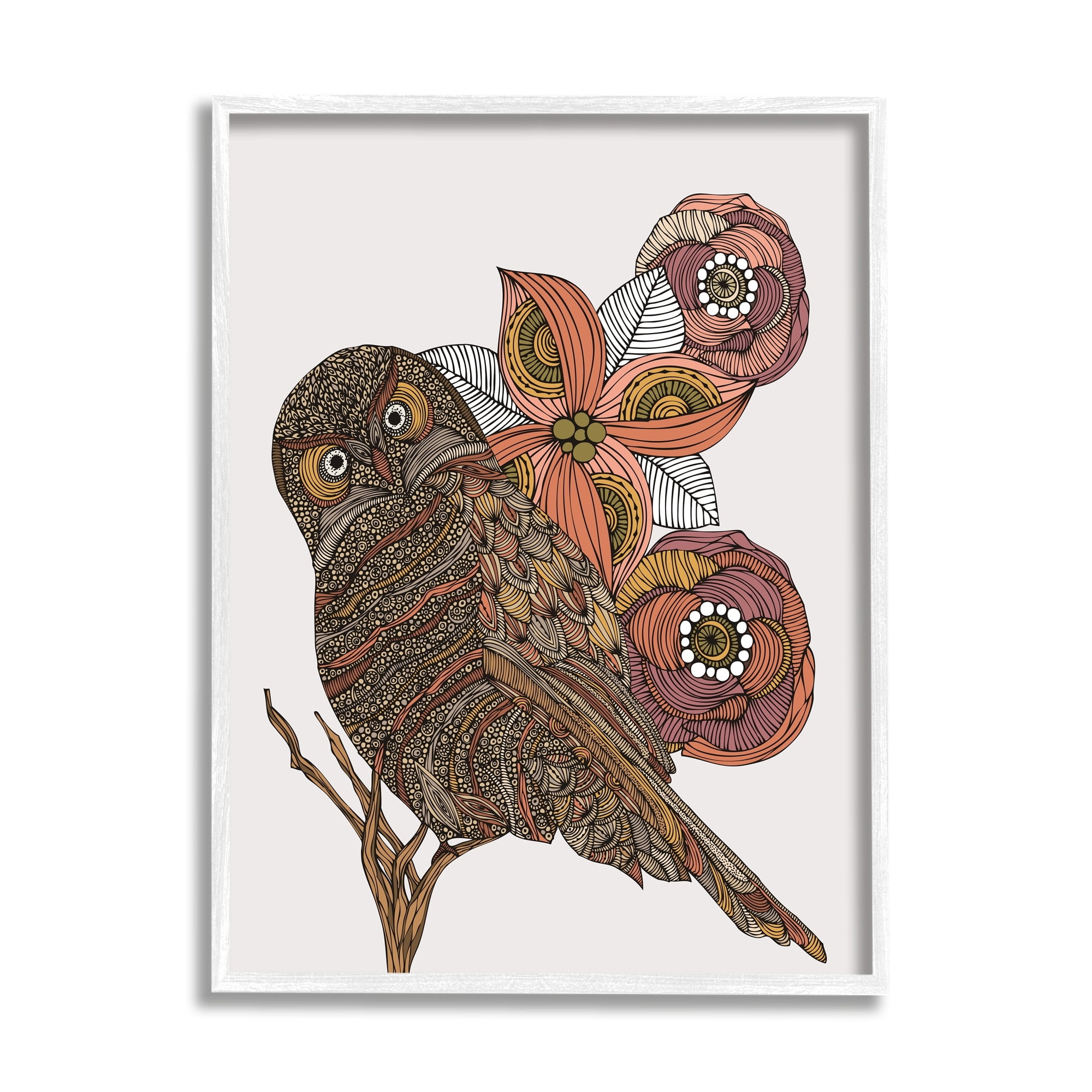 Stupell Industries Elaborate Patterned Owl Flower Blossom Stripes Detail Graphic Art White Framed Art Print Wall Art, Design by Valentina Harper