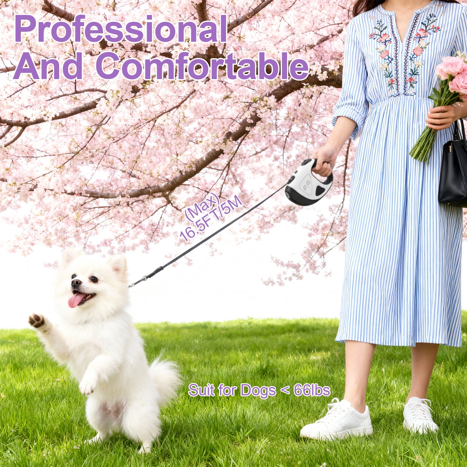 16Ft Retractable Dog Leash w/ LED Flashlight,ABCPOW Lightweight Pet Leash for Small Medium Dogs Up to 66 lbs,Anti-Slip Handle,Stainless Metal Spring Strong Nylon Tape,Tangle Free,One-Handed Brake