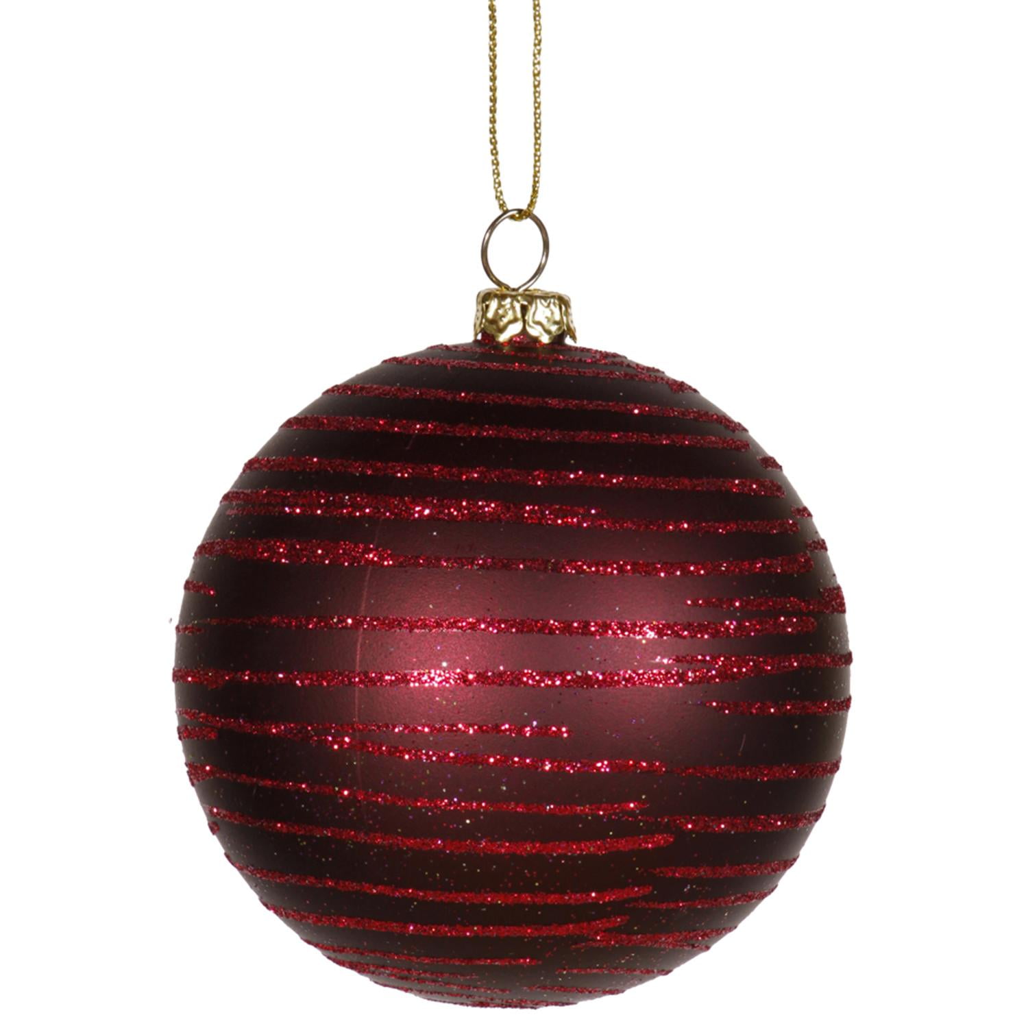 Burgundy Glitter Striped Shatterproof Christmas Ball Ornament 3" (75mm