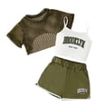 thumbnail image 3 of CUZIBR Kids Stylish Girls Outfit Sets 3 Piece Fashion Letter Print Sleeveless Tops With Mesh Shirt And Shorts Casual Summer Girls Clothes Sets,Army Green,9-10 Years, 3 of 3