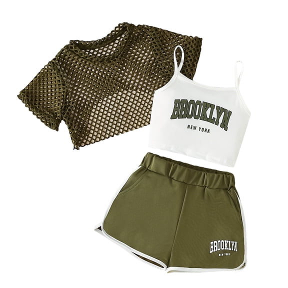 RMGVDSD Girls 3 Piece Outfits Fashion Letter Print Sleeveless Cami Tops Mesh Tee Shirt Shorts Casual Summer Clothing Sets For Teen Girl 5-6 Years