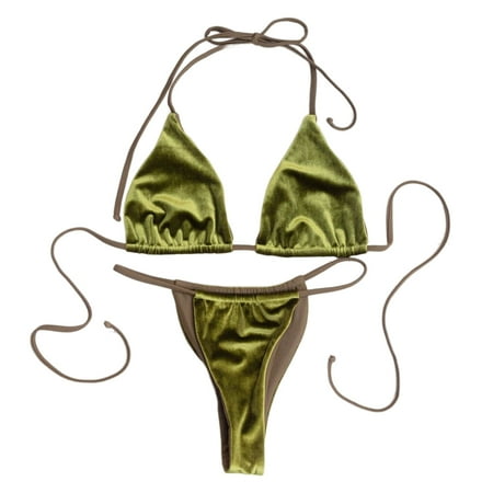 ZPAQI Women s Halter Top and Micro Thongs Set Two Pieces Bikini Velvet Bathing Suits