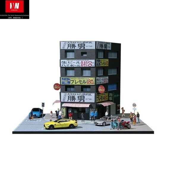 Diorama 1/64 Diecast Car Parking Lot Model LED Lighting Japanese Garage Model, Street Building Model Scene Display Case Toy