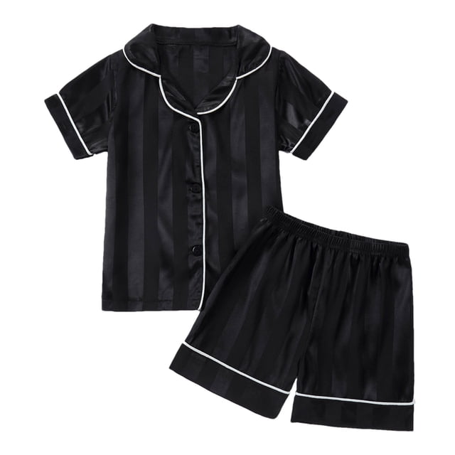 Odeerbi 1-8 Años Niños Niñas Pijama de Verano de Satén Con Solapa de Muesca Camisa de Manga Corta Pantalón Conjunto de Ropa de Dormir Suave