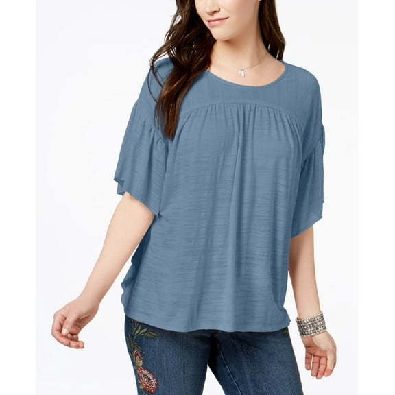 Style & Co Flutter Sleeve Poncho Top Blue Fog M