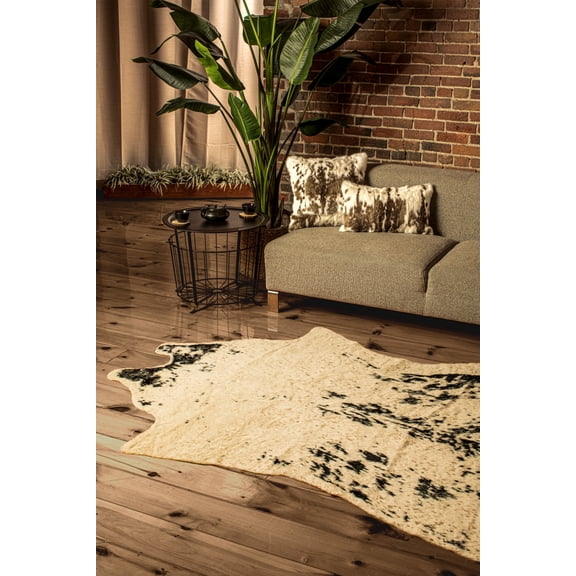 5' X 8' Off White Black and Gold Faux Cowhide Washable Area Rug