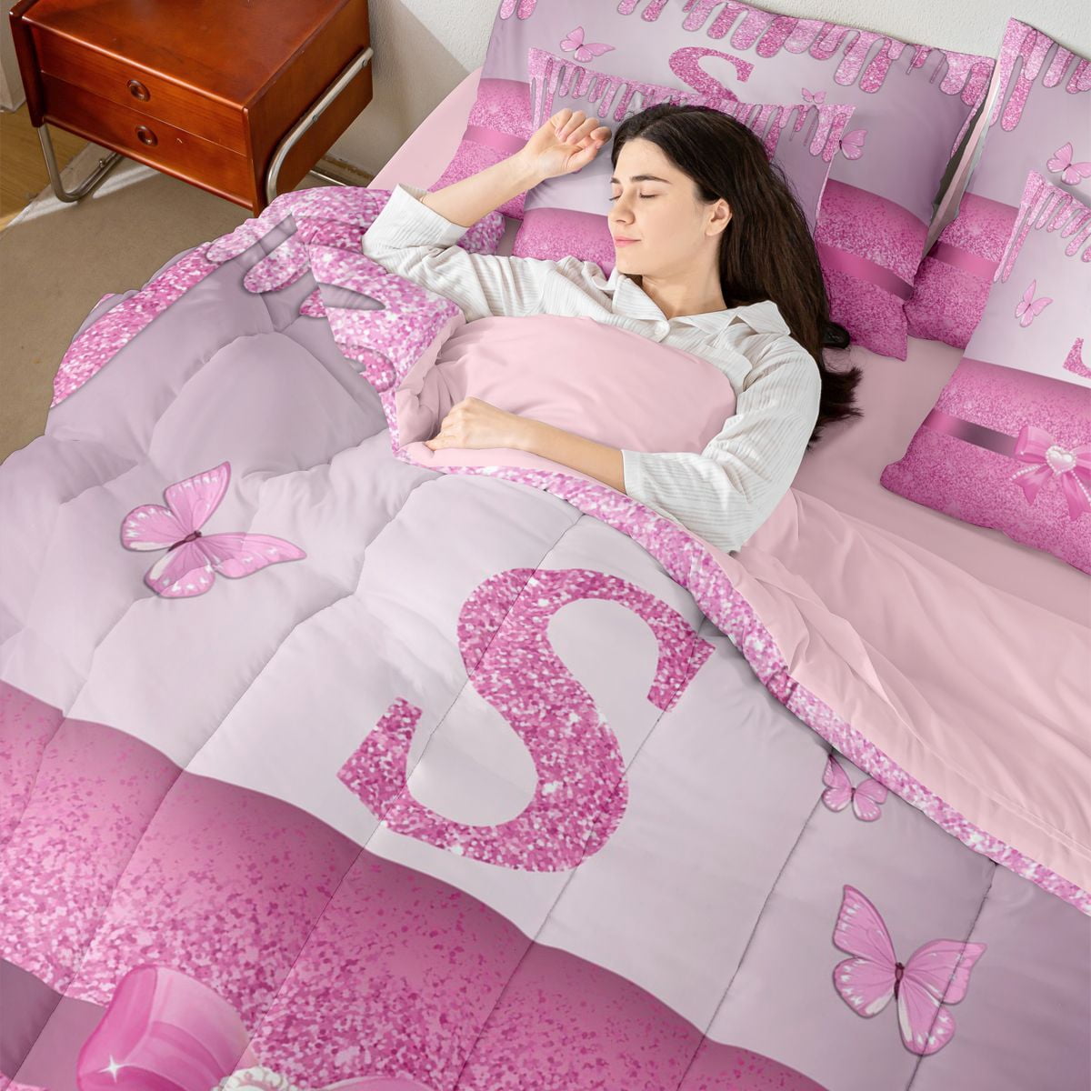 Manfei Letter Monogrammed Initial S Girl 7-Piece Twin Bedding Sets,Kawaii Bow Butterfly Bedding Comforter Set,Bling Pink Glitter Breathable Sheet Sets,Lightweight Room Decor,Reversible