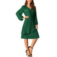 thumbnail image 2 of INSPIRE CHIC Women's Layered V Neck Long Sleeve High Waist Midi Dress With Pockets L Dark Green, 2 of 5