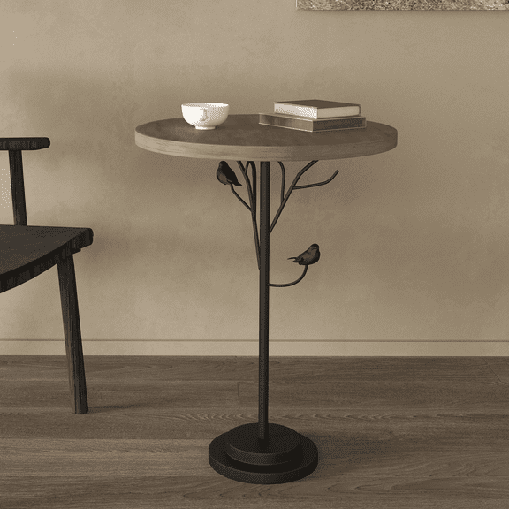 GZXS 15.75" Round Accent Side Table, Small Vintage Industrial End Table with Bark-Textured Top, Metal Pedestal Base w/ Tree Branch & Bird Design, for Corners and Small Spaces (Natural)