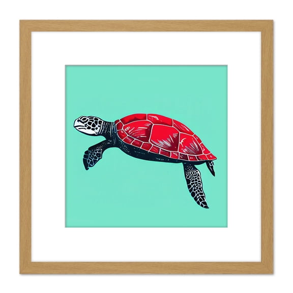 Loggerhead Sea Turtle Red Shell Animal Watercolour Ink Stamp Illustration Square Wooden Framed Wall Art Print Picture 8X8 Inch