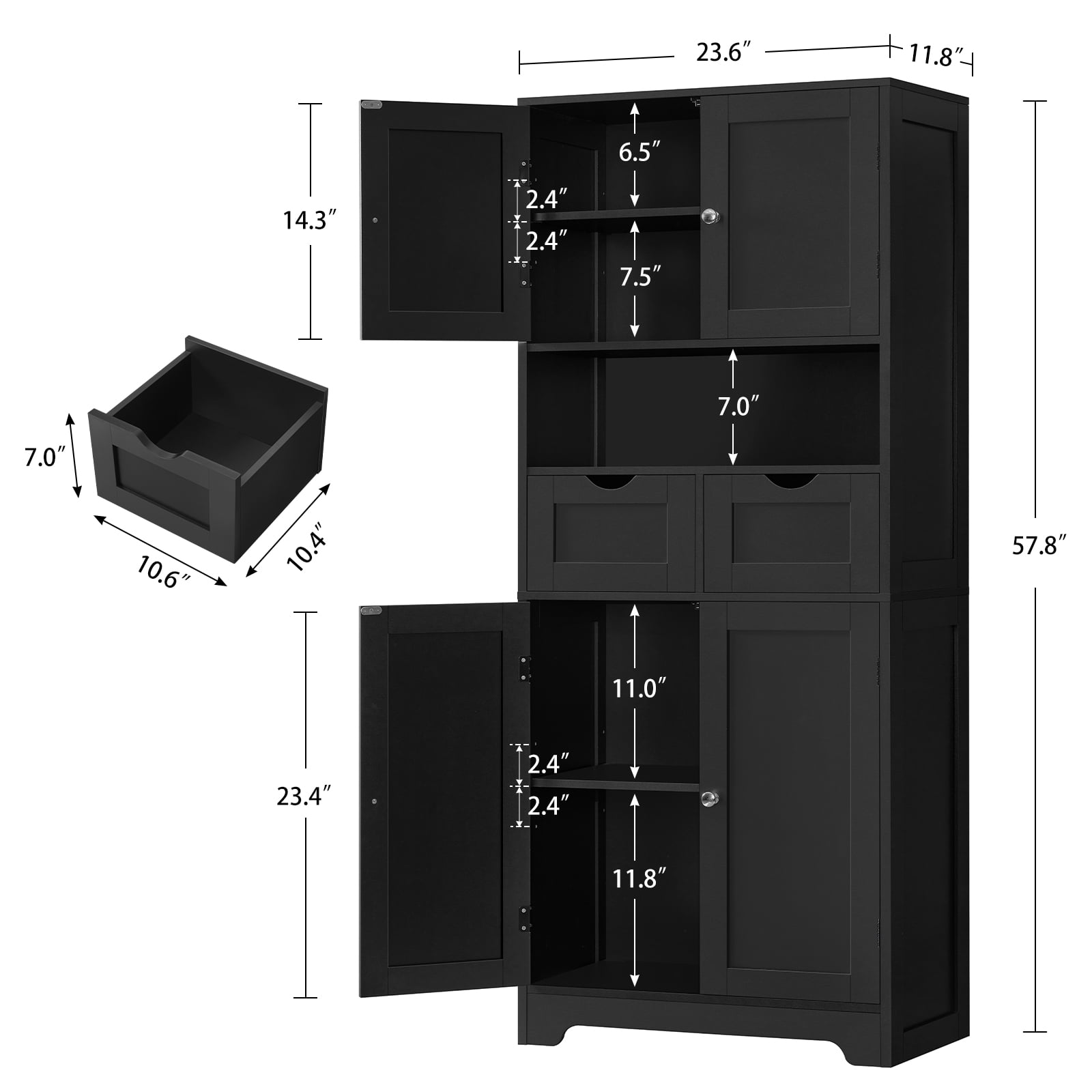 57.8" H Tall Storage Cabinet with Adjustable Shelf, Bathroom Cabinet with 2 Drawers, Linen Cabinet for Living Room, Black