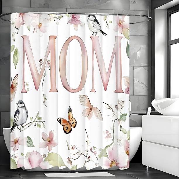 Cortina de ducha de poliéster rosa con estampado floral MOM Botanical 180 x 200 cm