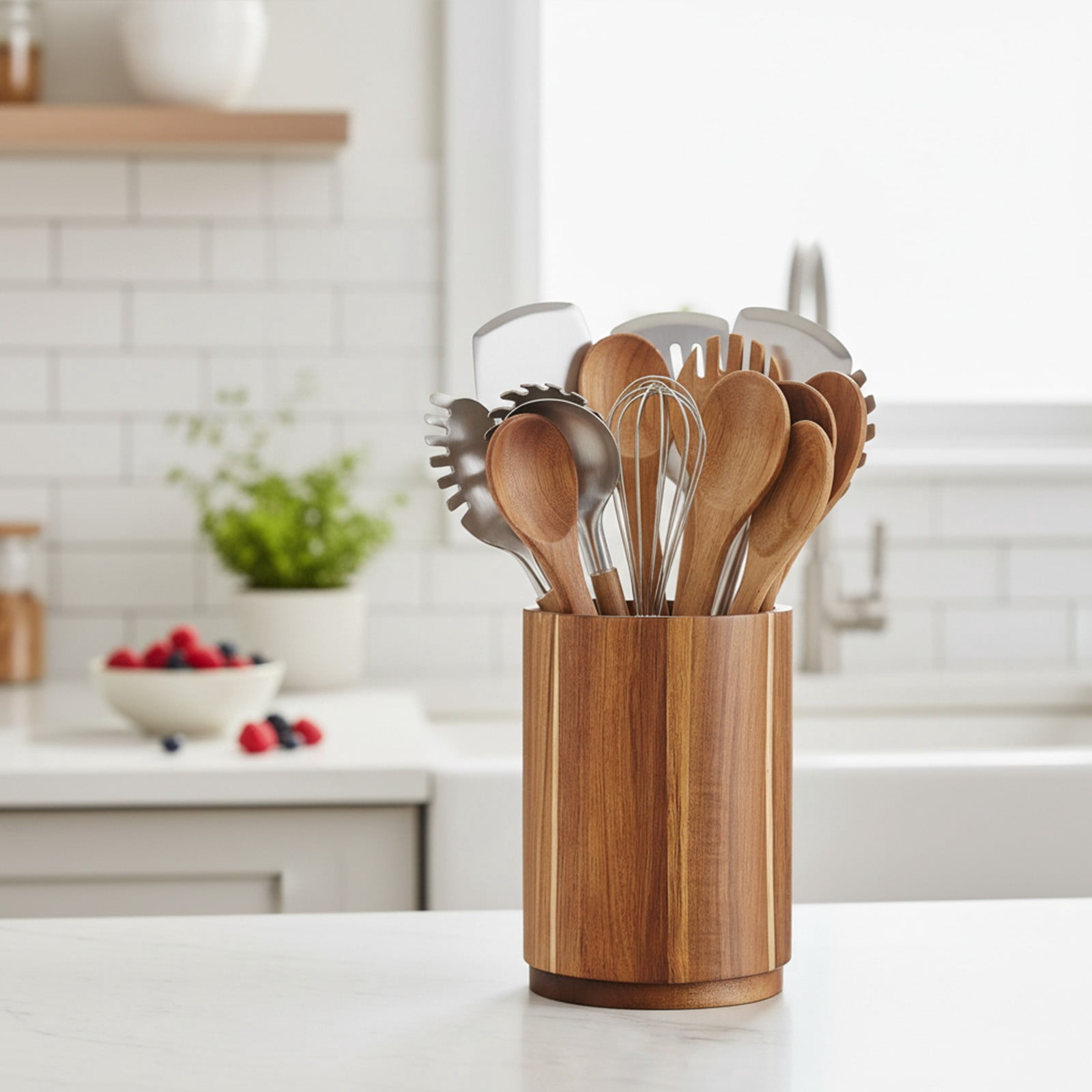 Wood Utensil Holder for Kitchen Counter,5.9"x6.5'' Wooden Cooking Utensil Crock for Countertop,Kitchen Countertop Organizer with Non-Slip Base,Farmhouse Kitchen Decor(White)