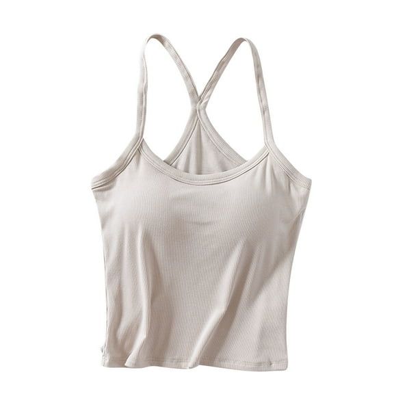 WREESH Womens Spaghetti Strap Cami Top Built in Bra Scoop Neck Seamless Summer Crop Top