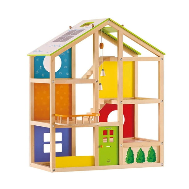 Hape Maison de poupée en bois 6 pièces toutes saisons avec accessoires, à  partir de 3 ans 