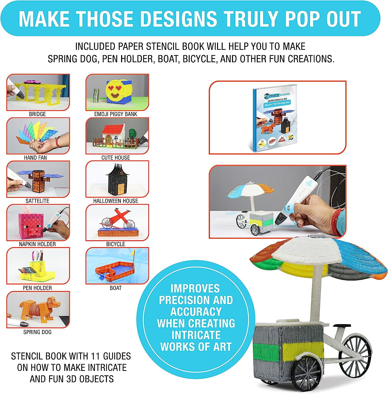 3D Pen Filament with Silicon Design Mat and Compatible Stencils Book with 12 Templates - 1.75mm PLA Plastic Refills - 360 Feet of Assorted Filament for 3D Drawing and Doodling