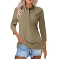 thumbnail image 2 of Women's Solid Color Polo Shirts 3/4 Sleeve Button Down Collared Shirts Business Casual Work Tops Athletic Tennis Golf Shirt 3 Buttons Spring & Autumn Work Basic Blouse Light Brown L, 2 of 6