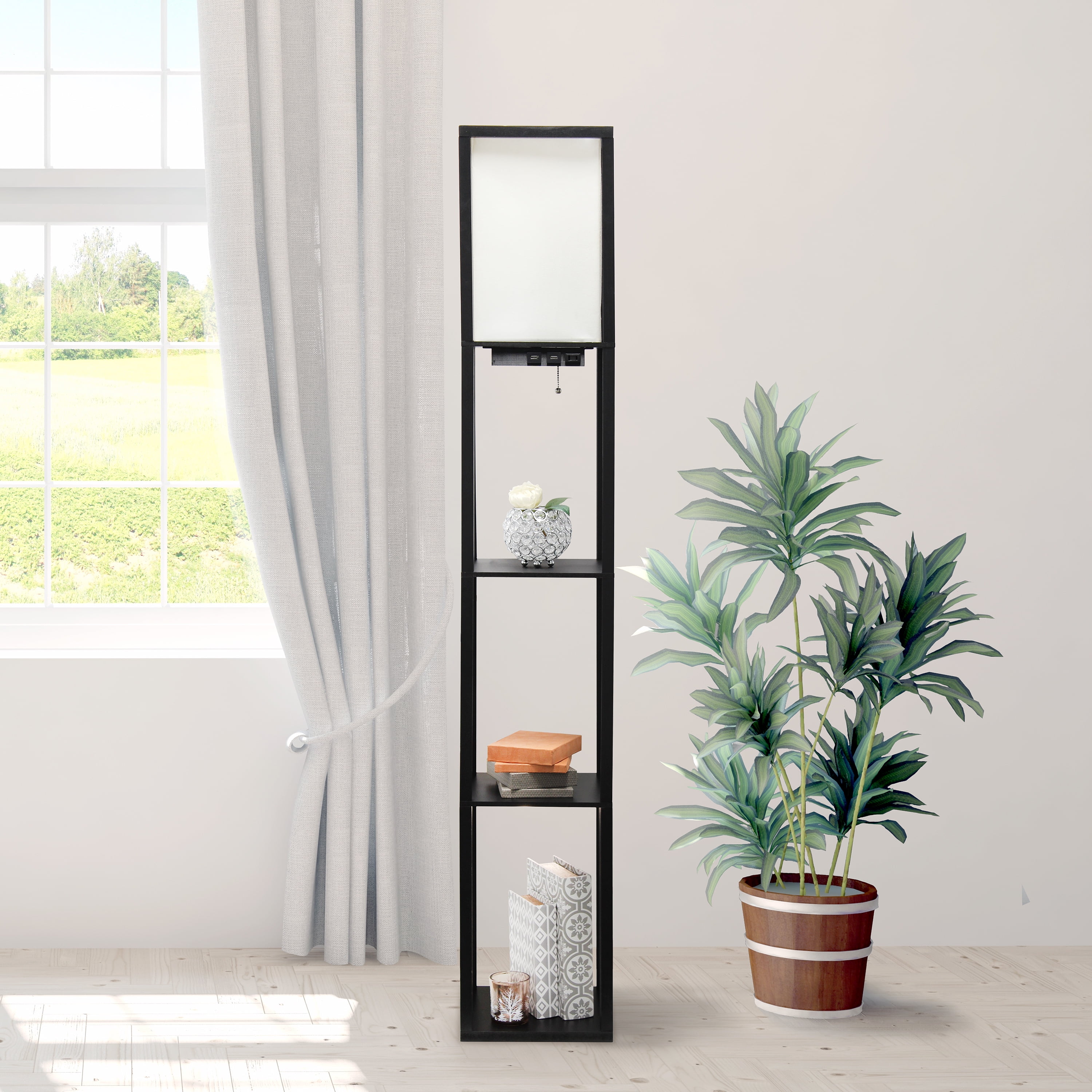 Simple Designs 62.5" 3-Shelf Etagere Floor Lamp with USB, Outlet & LED Bulb, Black