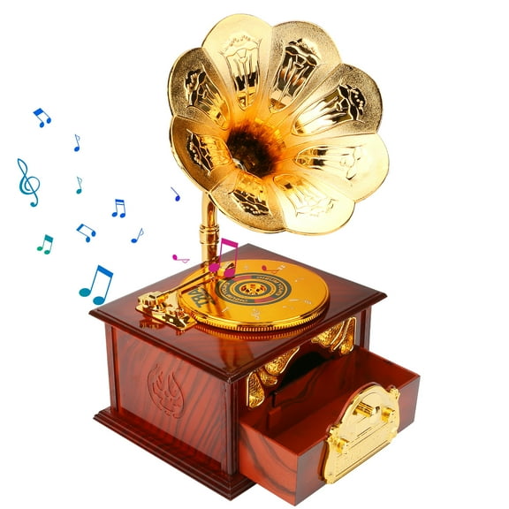 Number-one Retro Phonograph Shape Music Box for Mother's Day Gift Classic Gold Trumpet Horn Creative Crafts, Trumpet Horn Music Box, Gramophone Music Box,Red