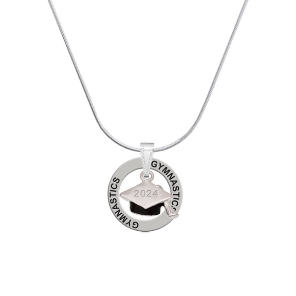 Delight Jewelry Silvertone 3-D Graduation Hat with 2024 Gymnastics Ring Charm Necklace, 18"
