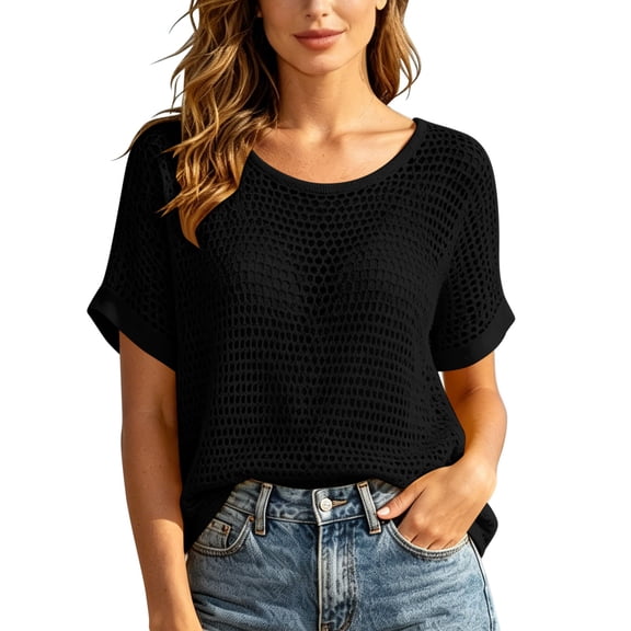 PBFRDSJ Womens Crochet Cover Up Open Knit Half Sleeve Beach Shirts Lightweight Breathable Round Neck Vacation Clothes