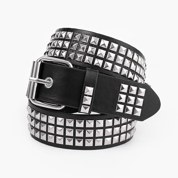 Nvzi Punk Leather Belt,Women Men Goth Pyramid Studded Square Beads Rivet Jeans Belts (Black), One Size