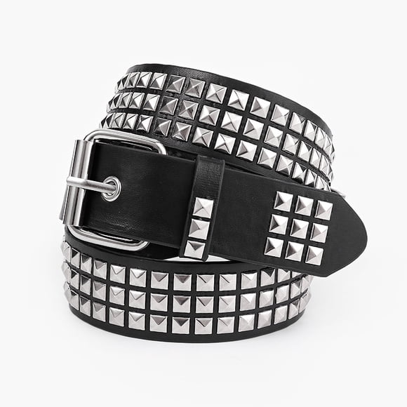 Xiao Hua Punk Leather Belt,Women Men Goth Pyramid Studded Square Beads Rivet Jeans Belts (Black), One Size