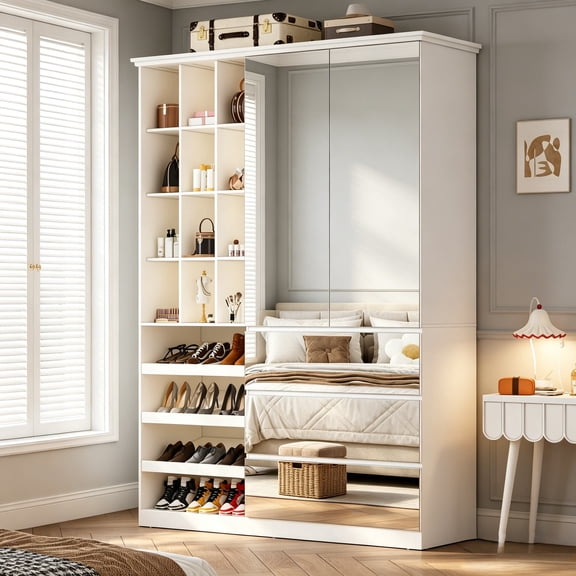 85'' Tall Wardrobe with Mirror Doors,Shoe Storage Racks and Open Storage Shelf,Modern Wooden 2 Doors & 3 Drawers Closet for Bedroom, White