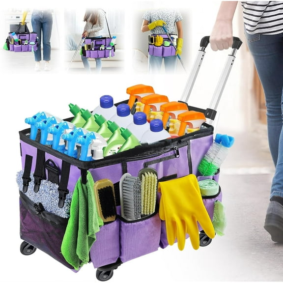 Large Rolling Cleaning Bag with Detachable Trolley, Portable Cleaning Cart with Waterproof Aluminum Foil Lining for Housekeepers, Cleaning Supply Caddy on Wheels for Home, Car, Office, Picnic(Purple)